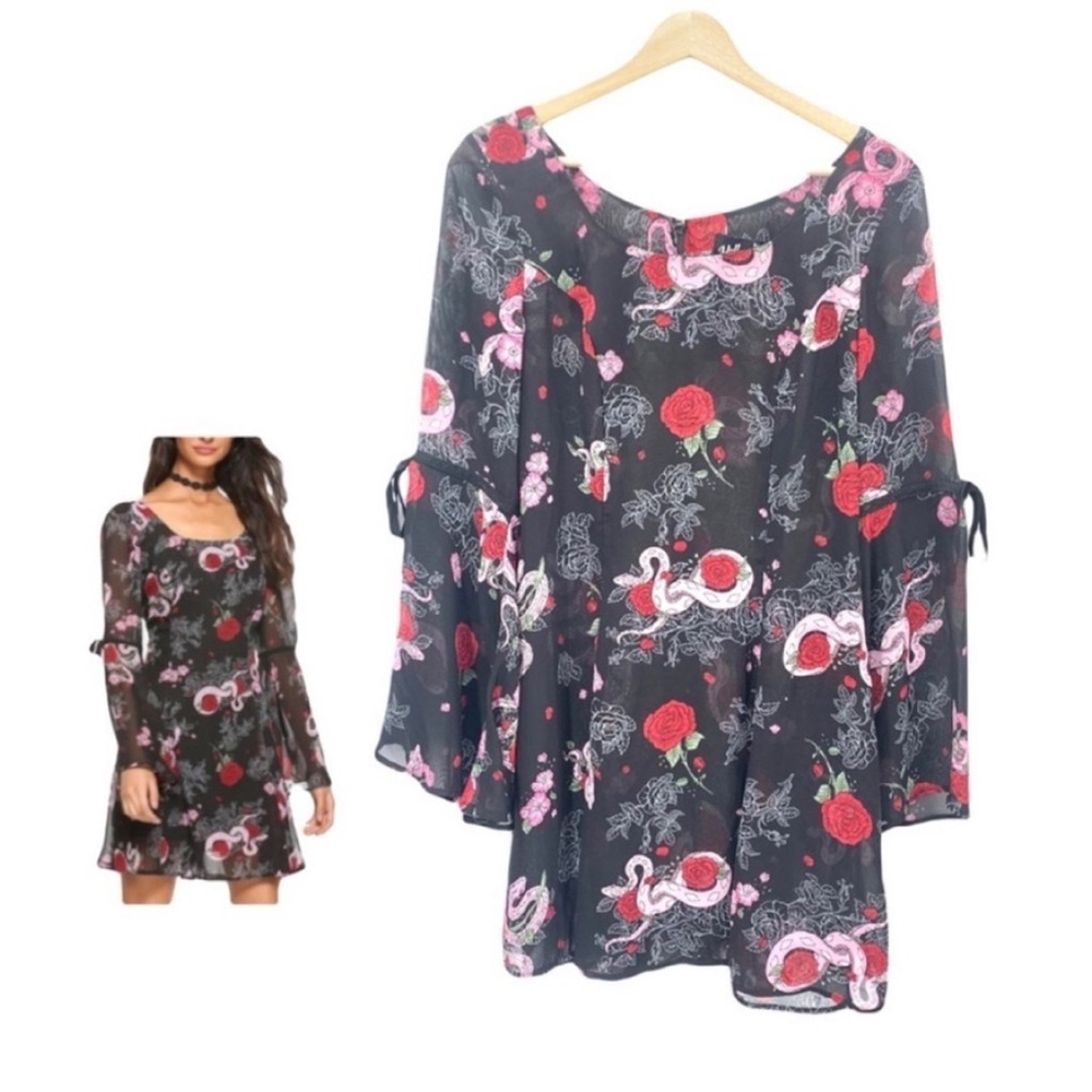 Hell Bunny for Hot Topic Sheer Black and Pink Roses & Viper Snake Dress Size XS